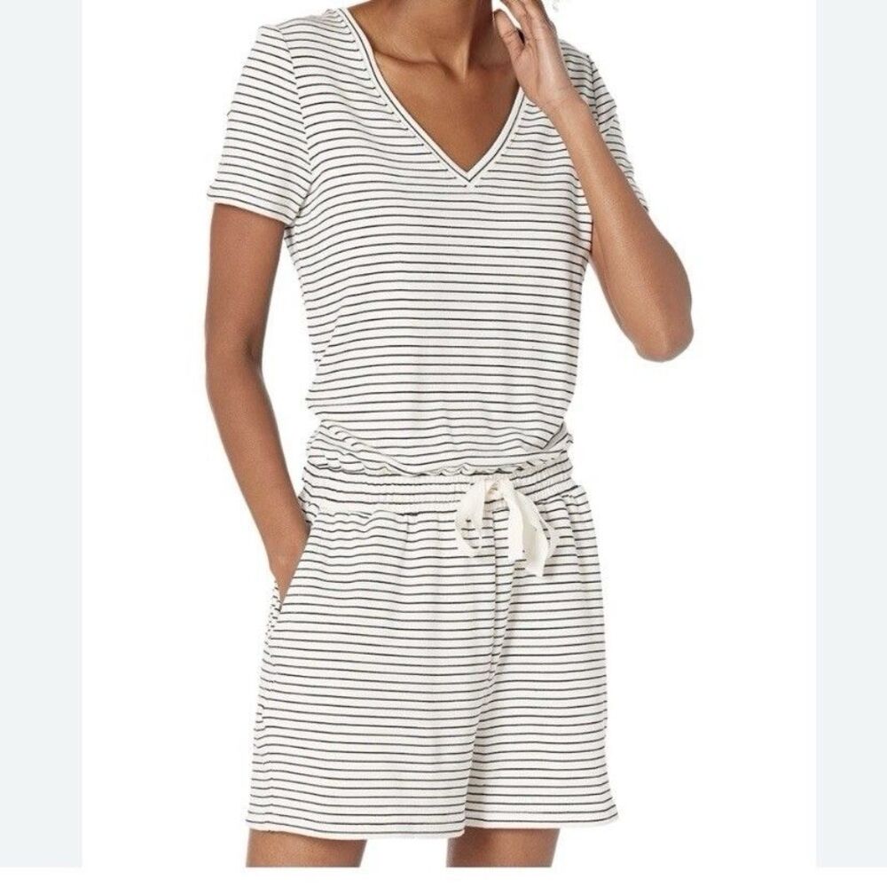 Daily Ritual Romper Tie Front Pockets Black And White Stripes Size Medium